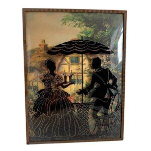 Vintage Couple Under Umbrella Reverse Painted Silhouette with Convex Glass Wall